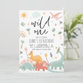 Dinosaur Wild One 1st Birthday Party Kaart (Staand voorkant)