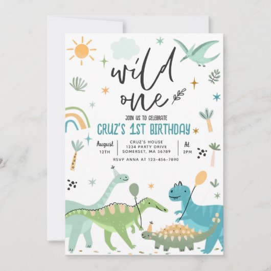 Dinosaur Wild One 1st T-Rex Birthday Party Kaart (Voorkant)