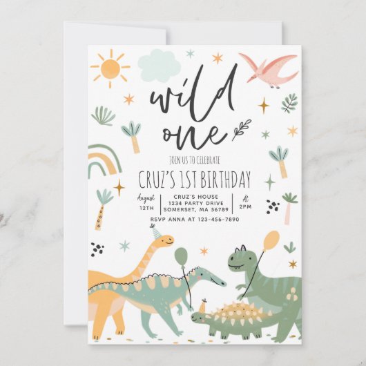 Dinosaur Wild One 1st T-Rex Birthday Party Kaart (Voorkant)