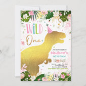 Dinosaur Wild One Birthday Roze Dinosaurus Verjaar Kaart (Voorkant)