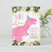 Dinosaur Wild One Birthday Roze Dinosaurus Verjaar Kaart (Staand voorkant)