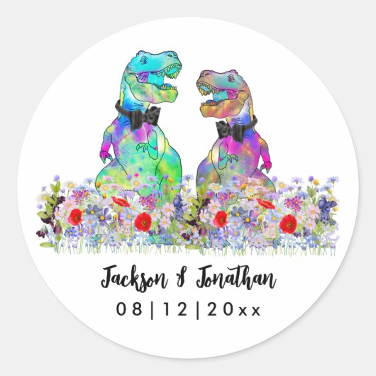 Dinosaur Wildflower Gay Wedding Ronde Sticker (Voorkant)