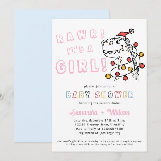 Dinosaur Winter Christmas Coed Girl Baby shower Kaart (Voorkant / Achterkant)