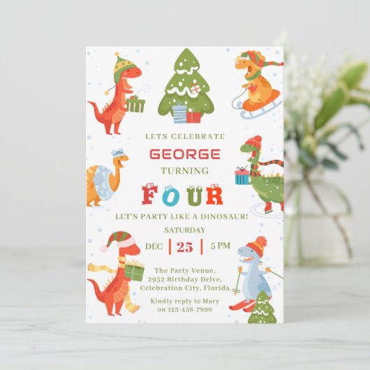 Dinosaur Winter Vakantie Kerstfeest Kaart (Staand voorkant)