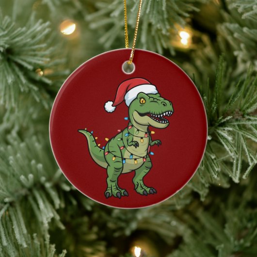 Dinosaur Xmas Lights Holiday Spirit Festive Dino Keramisch Ornament (Boom)
