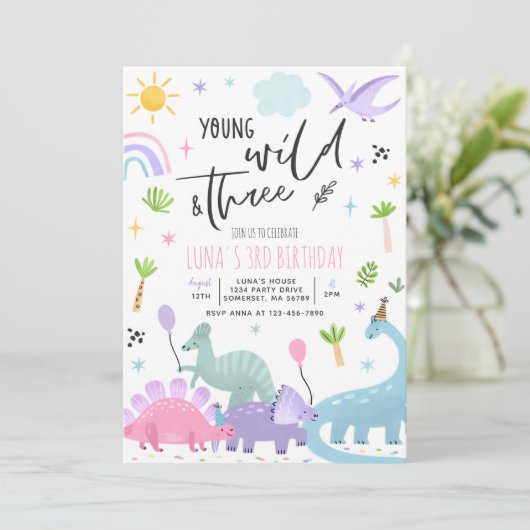 Dinosaur Young Wild and Three 3rd Birthday Party Kaart (Staand voorkant)