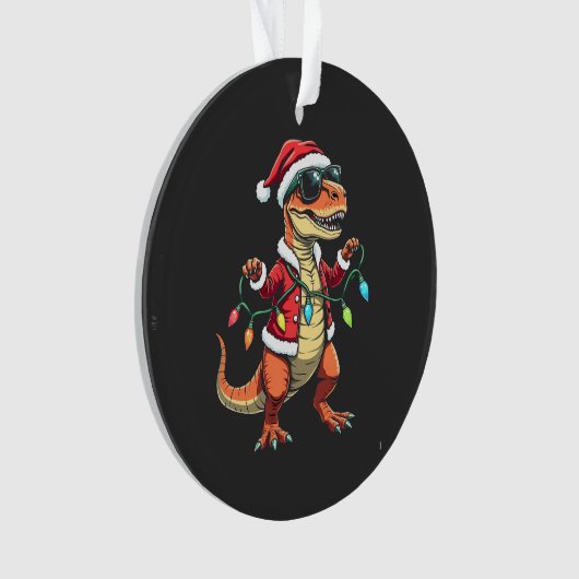 Dinosauriër gewikkeld in kerstlichtjes Kerstman ho Ornament (voorkant)