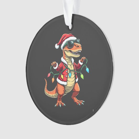 Dinosauriër gewikkeld in kerstlichtjes Kerstman ho Ornament (voorkant)