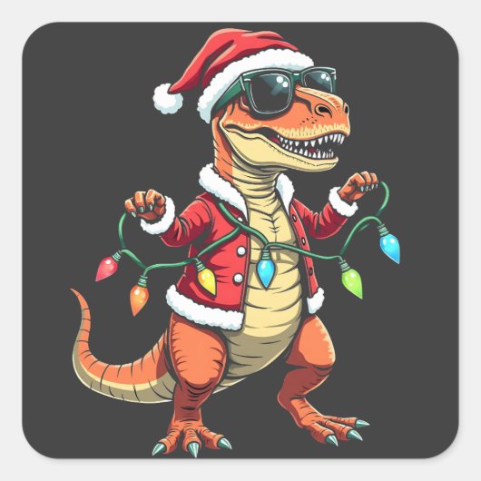 Dinosauriër omwikkeld met kerstlichten Kerstman ho Vierkante Sticker (Voorkant)