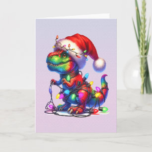 Dinosauriër verstrikt in kerstlichtjes feestdagen kaart