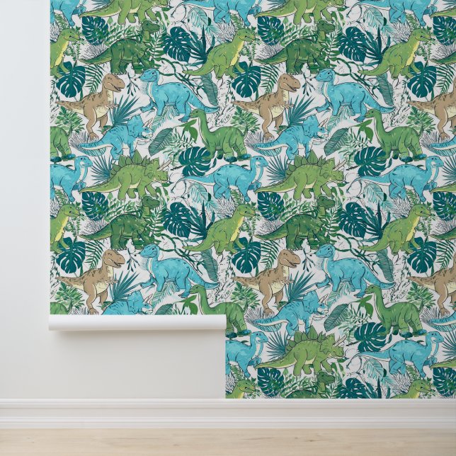  Dinosauriërs Blauw Groen Naadloos  Behang (Applicatie)