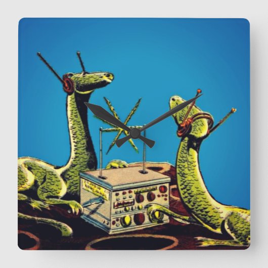 Dinosauriërs die luisteren naar radio-uitzendingen vierkante klok (Voorkant)