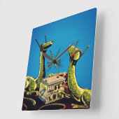 Dinosauriërs die luisteren naar radio-uitzendingen vierkante klok (Hoek)