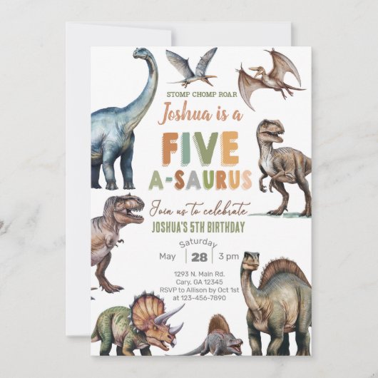 Dinosauriërs Five A-Saurus jongen 5e verjaardagsui Kaart (Voorkant)