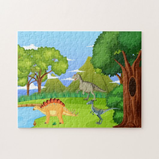 Dinosauriërs in prehistorisch bos Kinderen plezier Legpuzzel (Horizontaal)