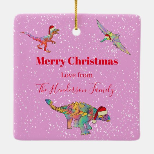 Dinosauriërs kerstfoto Gepersonaliseerd roze Keramisch Ornament (Achterkant)