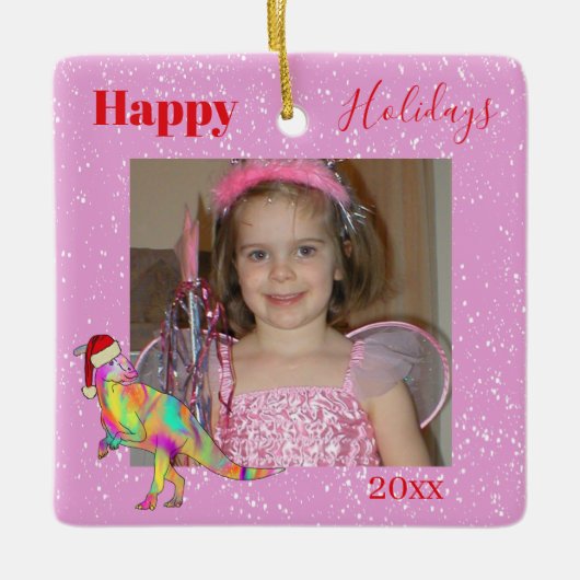 Dinosauriërs kerstfoto Gepersonaliseerd roze Keramisch Ornament (Voorkant)