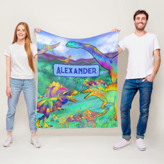 Dinosauriërs kleurrijk gepersonaliseerd blauw fleece deken