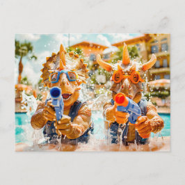 Dinosauriërs watergevecht op het strand feestdagenkaart