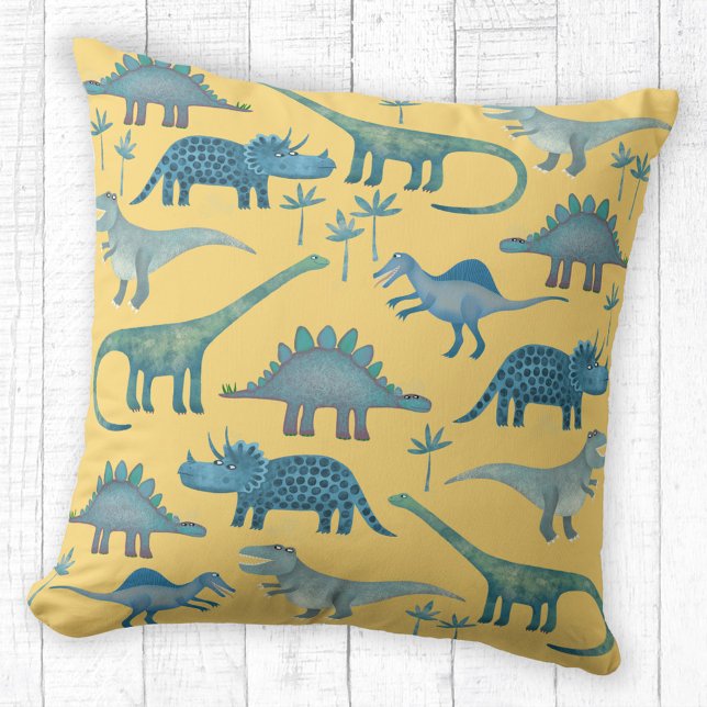 Dinosaurigeel Kussen (Fun dinosaur themed yellow throw pillow)
