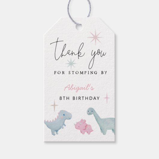 Dinosaurmeisjes verjaardagsfeestje  cadeaulabel (Voorkant)