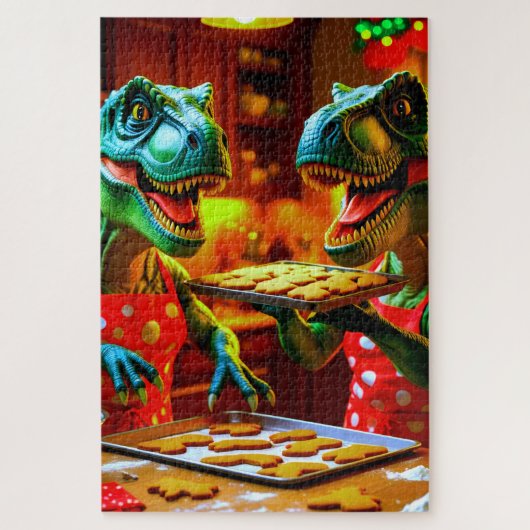 Dinosaurs baking gingerbread cookies legpuzzel (Verticaal)