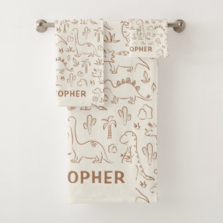 Dinosaurs Boy Name Dino Cute Jungle Boho Beige Bad Handdoek