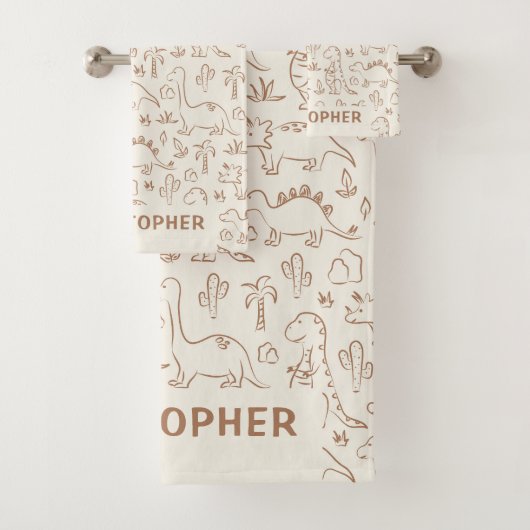 Dinosaurs Boy Name Dino Cute Jungle Boho Beige Bad Handdoek (Insitu)