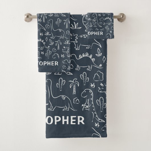 Dinosaurs Boy Name Dino Cute Jungle Dark Blue Bad Handdoek (Insitu)