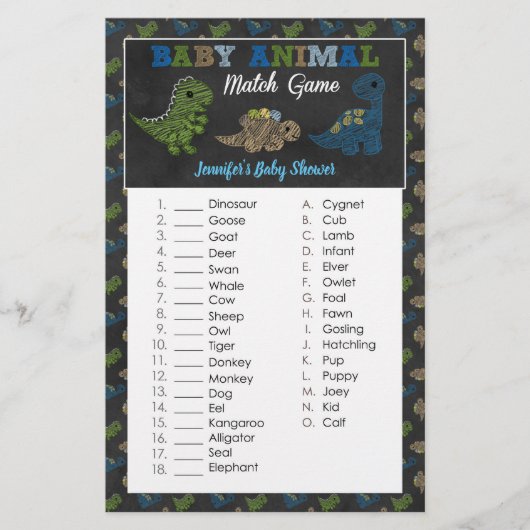 Dinosaurs Chalkboard Baby shower Animal Match (Voorkant)