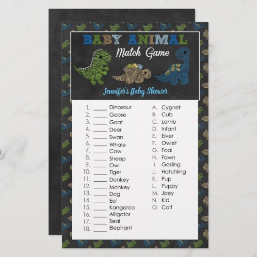 Dinosaurs Chalkboard Baby shower Animal Match (Voorkant / Achterkant)