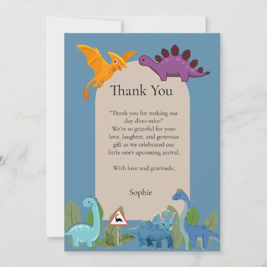 Dinosaurs Crossing, T-rex Baby Shower Bedankkaart (Voorkant)