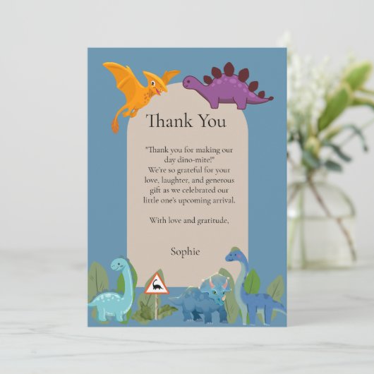 Dinosaurs Crossing, T-rex Baby Shower Bedankkaart (Staand voorkant)