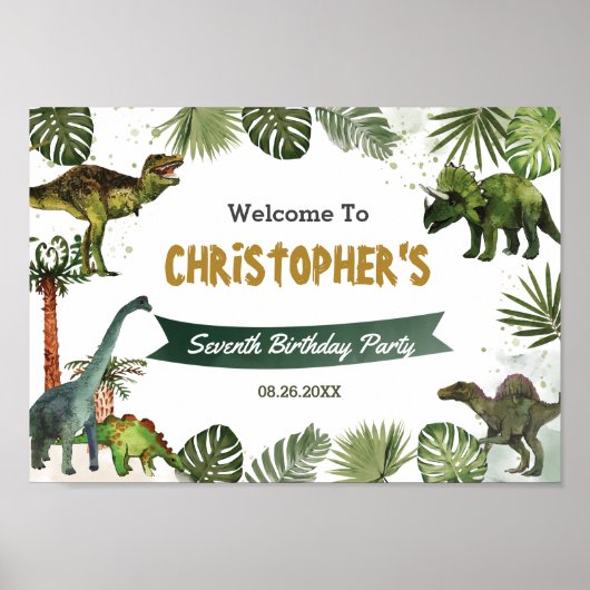 Dinosaurs Jurassic Birthday Party Welcome Sign A4 Poster (Voorkant)