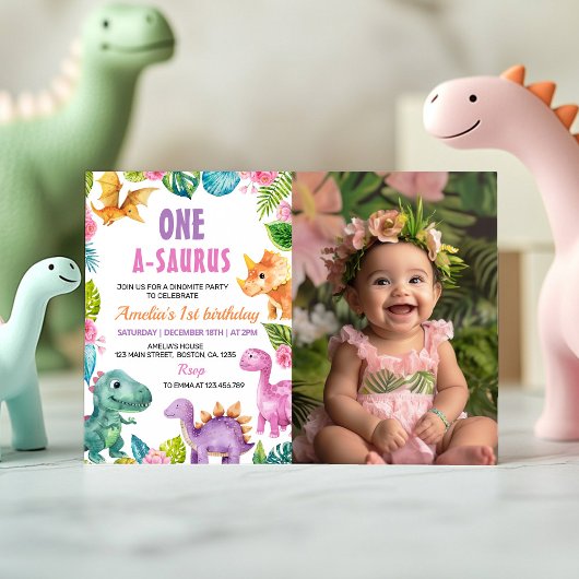 Dinosaurs Meisje 1e verjaardag Fotouitnodiging Kaart