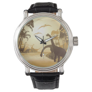 Dinosaurs on Tropical Jurassic Landscape Horloge