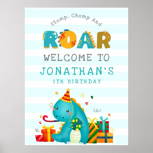 Dinosaurs Stomp Chomp and roar birhtday boy Poster (Voorkant)