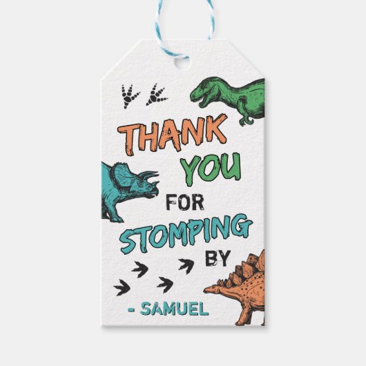 Dinosaurs Stomp Chomp Roar Birthday Dank u Cadeaulabel (Voorkant)