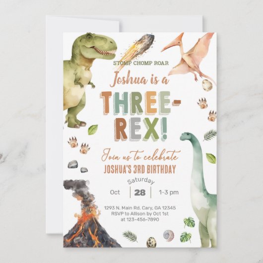 Dinosaurs Three-Rex boy 3rd birthday invite. Kaart (Voorkant)