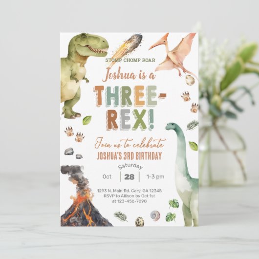 Dinosaurs Three-Rex boy 3rd birthday invite. Kaart (Staand voorkant)