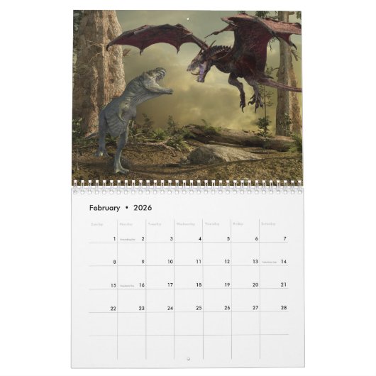 Dinosaurs Tyrannosaurus Raptor Jurassic elk jaar Kalender (Feb 2026)