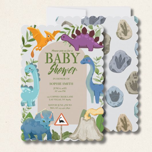 Dinosaurs, Volcano, T-Rex Baby Shower Theme Kaart