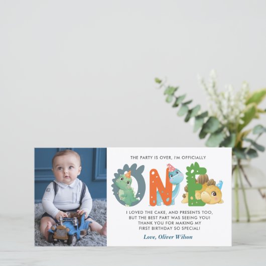 Dinosaurus 1e verjaardag dank u bedankkaart (Staand voorkant)