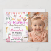 Dinosaurus 1e verjaardag foto One-A-Saurus meisje Kaart (Voorkant)