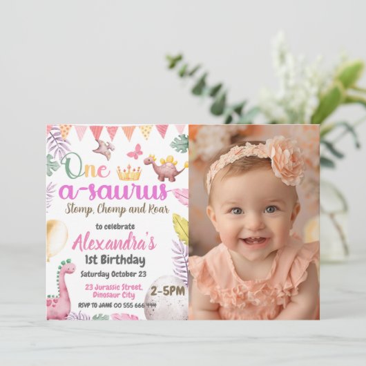 Dinosaurus 1e verjaardag foto One-A-Saurus meisje Kaart (Staand voorkant)