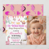 Dinosaurus 1e verjaardag foto One-A-Saurus meisje Kaart (Voorkant / Achterkant)