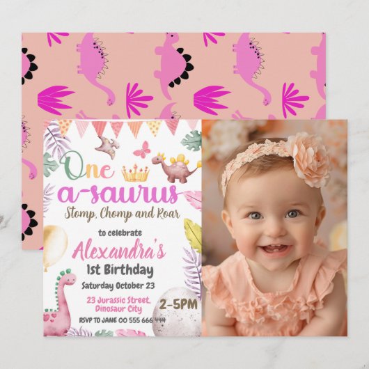 Dinosaurus 1e verjaardag foto One-A-Saurus meisje Kaart (Voorkant / Achterkant)