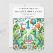 Dinosaurus 1e Verjaardag Jongen Stomp Chomp Roar Kaart (Voorkant)