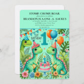 Dinosaurus 1e Verjaardag Jongen Stomp Chomp Roar Kaart (Voorkant / Achterkant)