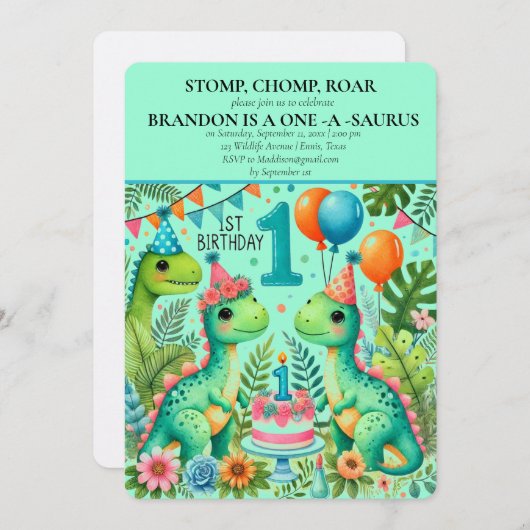 Dinosaurus 1e Verjaardag Jongen Stomp Chomp Roar Kaart (Voorkant / Achterkant)